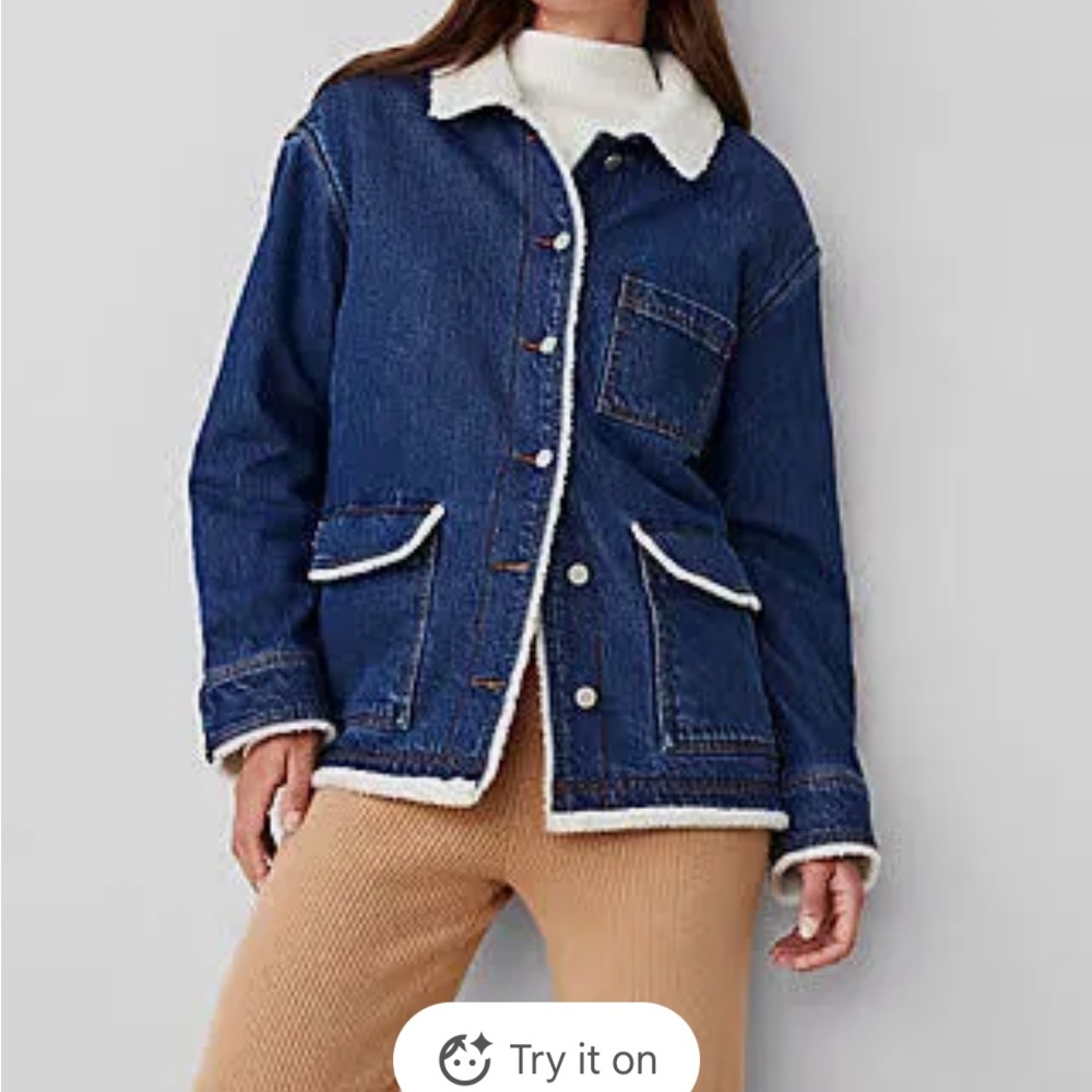 Ann Taylor Blue Denim Jacket with Cream Sherpa Lining